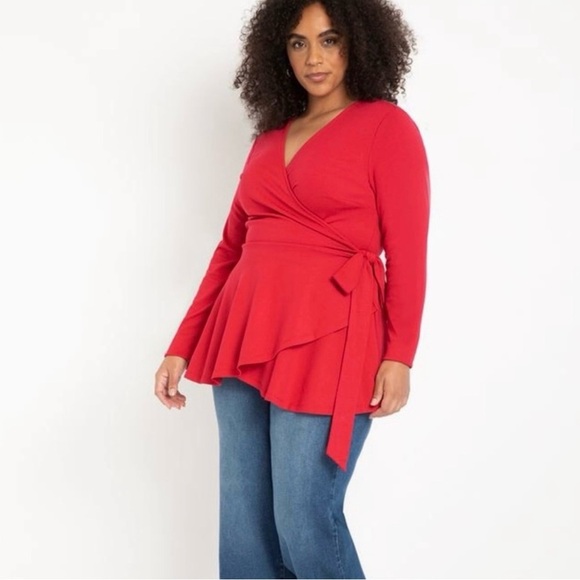 Eloquii 24 Red V Neck Peplum Wrap Top Stretch Ponte Knit Tie Close Plus Size - Picture 2 of 12